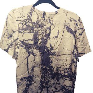 Balenciaga Cream and Black Marble-Print Short-Sleeve Silk Blouse